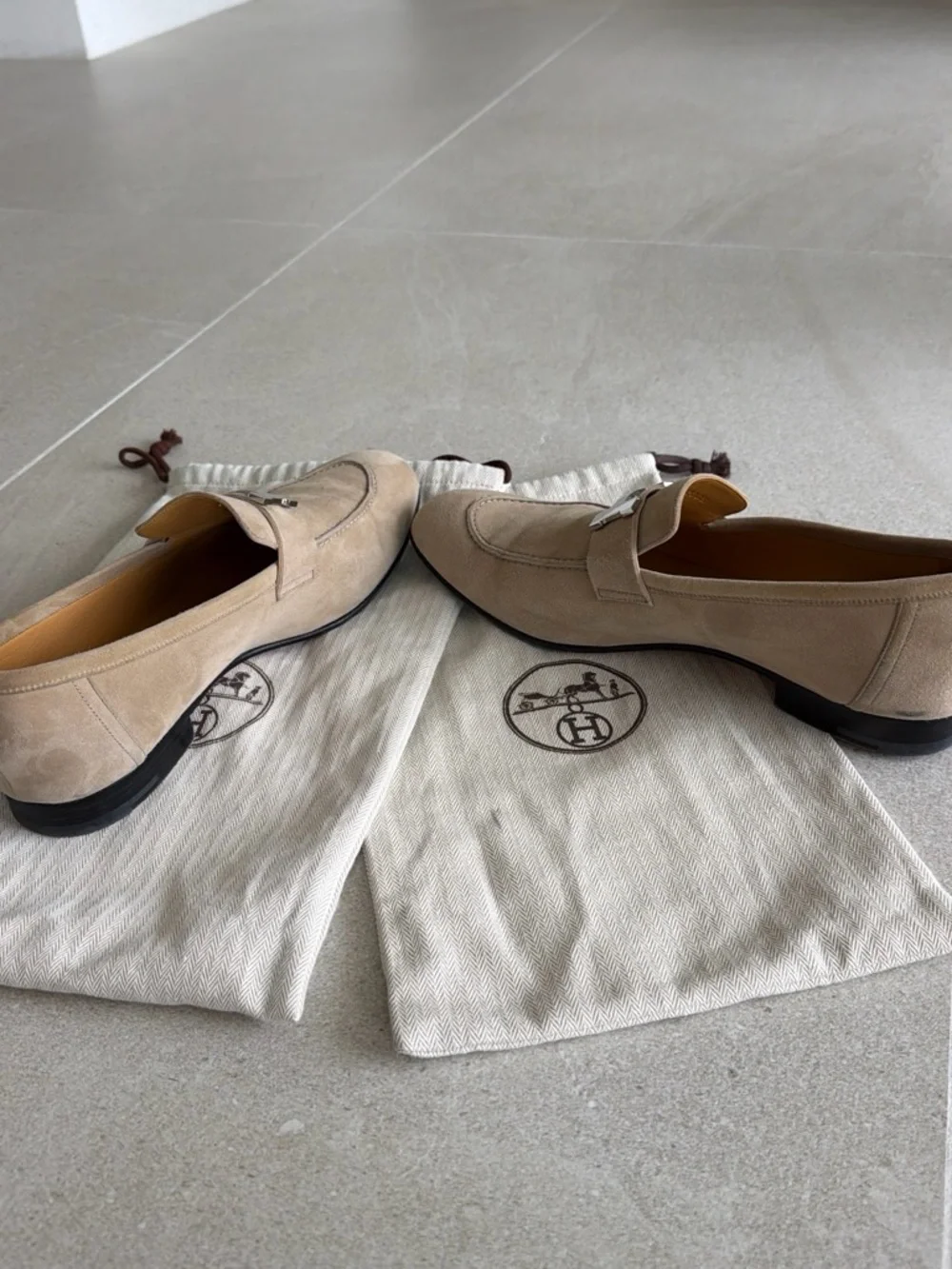 Hermes Beige Suede Men's Paris Loafers with Silver H Buckle